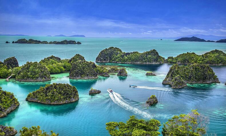 Raja Ampat's karst islands rising from turquoise water, West Papua, Indonesia.